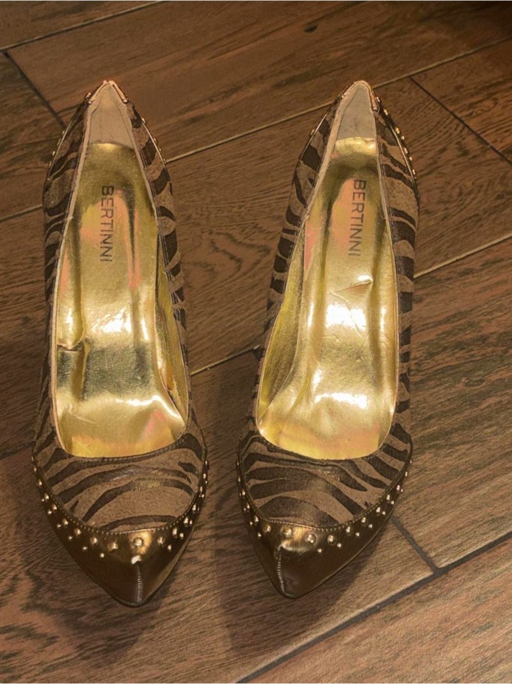 Bertinni Brown Zebra Print Pointed Toe Heels with Studded Cap
